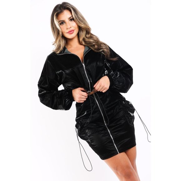 Women's Sexy Pearly Windbreaker Zip Up Long Sleeve Top & Matching Skirt 2 Pc Set - Picture 12 of 12